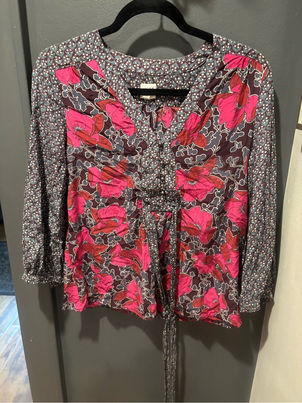 Boho V-Neck Floral Drawstring Blouse - Bright Pink